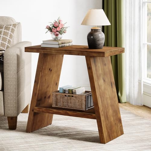 Solid Wood End Table for Living Room, Narrow Small Side Table with 2-Tier Storage, Farmhouse Bedside Nightstand for Bedroom, Small Places, Rustic Brown (1PCS) - color: Rustic Brown