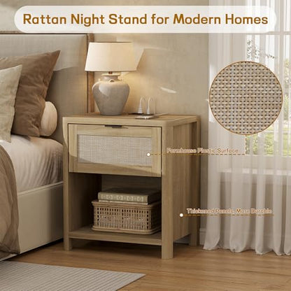Boho Nightstand with Charging Station, Large Bedside Table with Drawer & Open Storage Shelf, Mid-Century Modern End Table Rattan-Look Drawer, Accent Side Table with Rounded Corners for Bedroom - size: 23.6"D x 22"W x 15.74"H(1-Drawer)