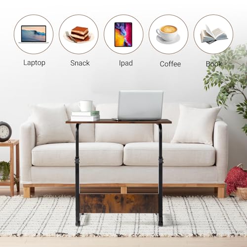 Karl home Mobile Side Table 31.5 Inch Computer Desk with Wheels Height Adjustable Rolling Potable Laptop Cart, C-Shaped Bed Couch End Tables with Edge Stopper for Livingroom Bedroom, Rustic Brown - color: Rustic Brown, size: 31.5"+No Power Sockets