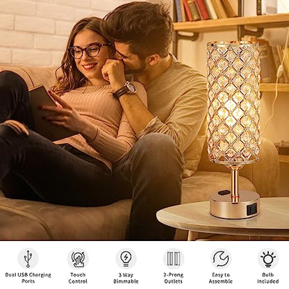 Hong-in Gold Lamps Set of 2, Dimmable Gold Lamps for Nightstand with USB-C+A & AC Charging Ports, 3-Way USB Crystal Lamp, Bedside Desk Light for Bedroom Living Room Home Office(Bulb Included) - color: Gold