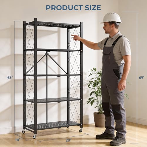 Upgraded 18% Thickened Portable 5-Tier Foldable Storage Shelves with Wheels Heavy Duty Storage Shelf Collapsible Shelves Unit Display for Garage Storage Kitchen Pantry & Closet Organizer, Matte Black