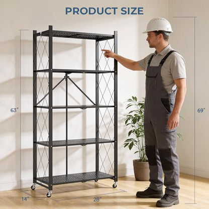 Upgraded 18% Thickened Portable 5-Tier Foldable Storage Shelves with Wheels Heavy Duty Storage Shelf Collapsible Shelves Unit Display for Garage Storage Kitchen Pantry & Closet Organizer, Matte Black