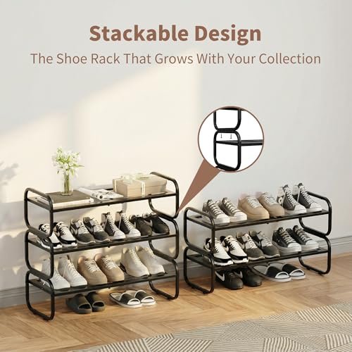 3 Tier Shoe Rack - Expandable Shoe Organizer for Closet, Adjustable Metal Shoe Shelf Storage, Stackable Long Shoe Stand Holder for Garage, Entryway, Door Entrance - size: 3 Tier