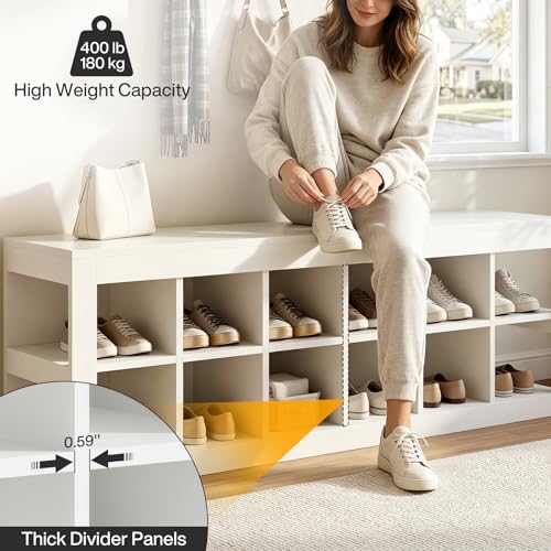 Tribesigns White Storge Cubes, Wood Storage Organizer, Modern 52" Shoe Entryway Bench