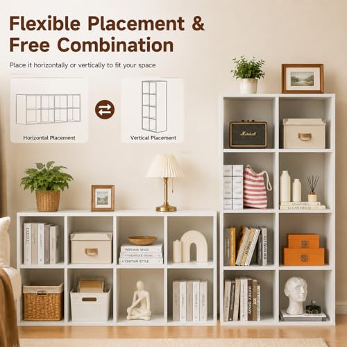 POWERSTONE 8 Cube Storage Organizer, Open Cube Bookshelf with Back Panels, Modern Display Cubby Bookcase for Bedroom Living Room Home Office, White