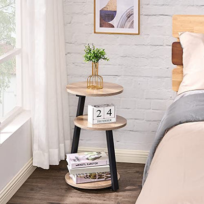 BEWISHOME Small Round Side Table, End Table with Storage Shelves, Greige | Metal Frame, 3-Tier Shelves, Nightstand Bedside Table, Small Couch Coffee Table, KTZ41G - color: Greige, size: without PowerOutlet