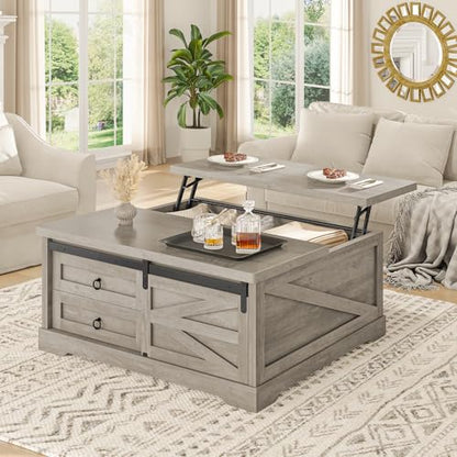 Itaar 39.4'' Lift Top Coffee Table with Storage, Farmhouse Coffee Tables for Living Room, Square Coffee Table with Large Hodden Compartment & 2 Drawrs & Adjustables Shelves (Gray) - color: Grey