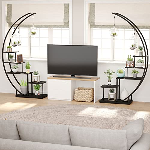 5 Tier Metal Plant Stand Indoor, 67.25“ Tall Half Moon Shape Multiple Stand Holder Shelf Planter Display, Hanging Shelf Flower Stand Ladder for Patio Garden Living Room, Black Set of 2