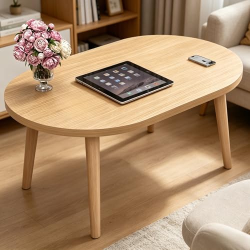 FAMIDGE 23.6" Small Coffee Table for Small Space, Mini Low Oval Coffee Table with 4 Solid Wood Leg, Floor Table Desk for Sitting on The Floor, Side Japanese Tea Table for Living Room Apartment, Brown - color: 23.6"l Oval Natural