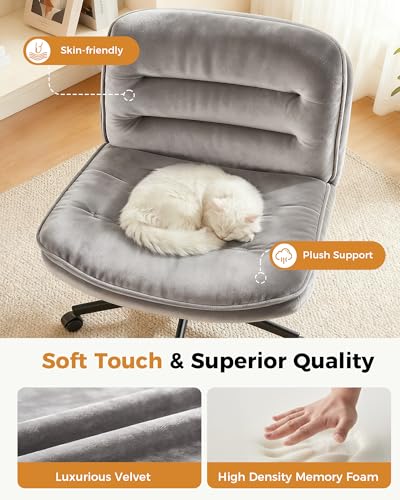 COMHOMA Criss Cross Office Chair with Wheels Armless Desk Chair Comfy, Modern Vanity Chair for Home Bedroom, Comfortable Wide Seat for Lower Back Pain Relief, Soft Velvet, Gray - color: Moon-gray Velvet