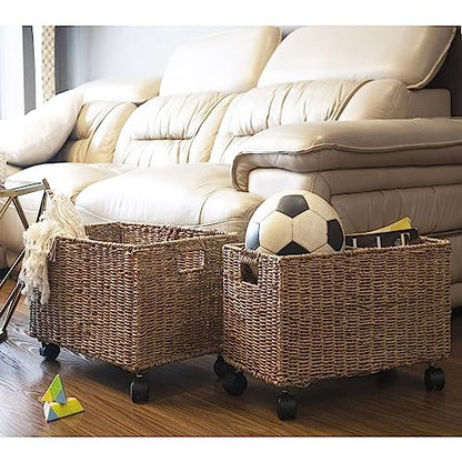 PEMAR Set of 2 Nesting Natural Wicker Rolling Storage Baskets on Wheels with Insert Handles, Under Table Under Desk Woven Storage Bins, Mobile File Cabinet Organizer, Seagrass, Sizes M and L