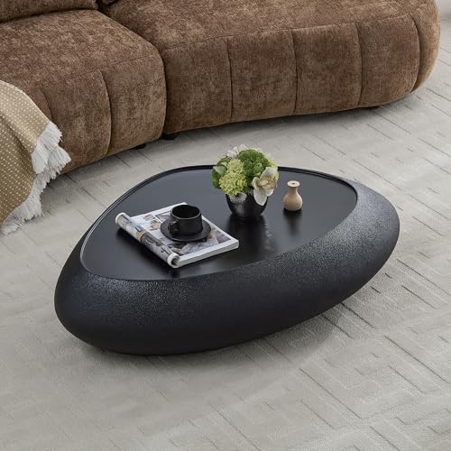 47" Modern Coffee Table Unique Rock Coffee Table Faux Stone Center Tables Round Edge Design Fiberglass Oval Accent Tables for Living Room Office Apartment No Assembly Required Black - color: Fiberglass Oval-black