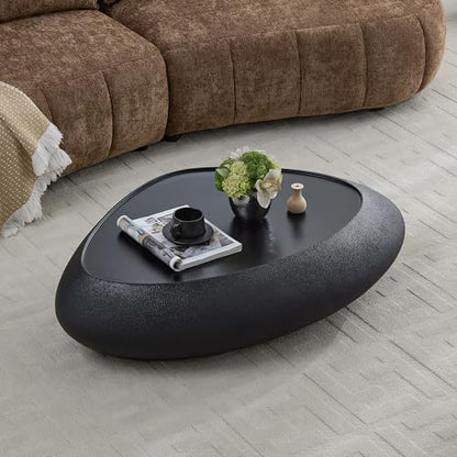 47" Modern Coffee Table Unique Rock Coffee Table Faux Stone Center Tables Round Edge Design Fiberglass Oval Accent Tables for Living Room Office Apartment No Assembly Required Black - color: Fiberglass Oval-black