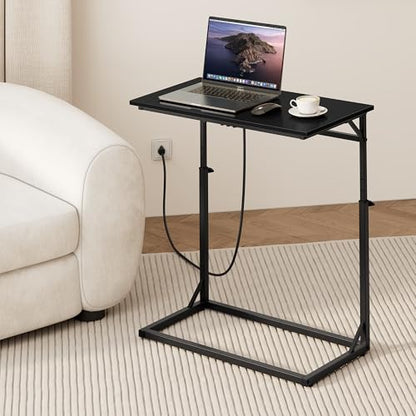 Vagusicc C Shaped End Table with Charging Station, C-Table End Table Adjustable Height Side Table for Couch, Large Couch Tables,Slide Under Sofa Tables TV Tray Arm Tables for Living Room,Bedroom,Black - color: Black, style: With Plug
