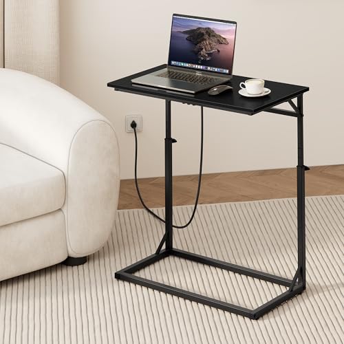 Vagusicc C Shaped End Table with Charging Station, C-Table End Table Adjustable Height Side Table for Couch, Large Couch Tables,Slide Under Sofa Tables TV Tray Arm Tables for Living Room,Bedroom,Black - color: Black, style: With Plug