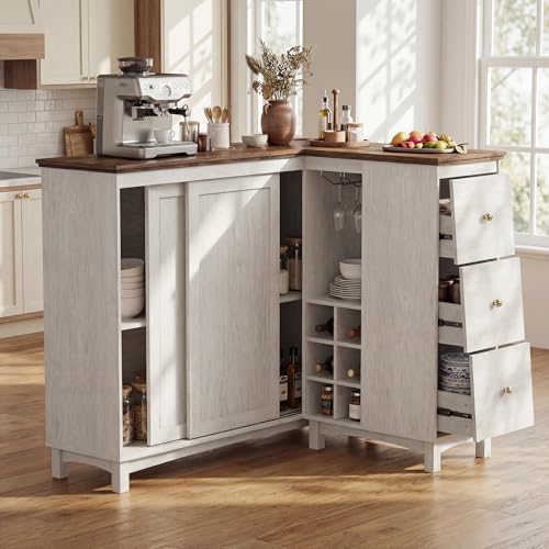 STO'SENSE Corner Bar Cabinet with Charging Station, Corner Coffee Bar Station with Storage Drawers, L-Shaped Bar Table with Wine Rack & Glass Rack, Home Bar Unit with Sliding Door, White - color: White