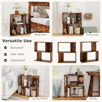 22’’ H Geometric Bookshelf, 2-Tier S-Shaped Floor Bookcase, Freestanding Open Display Book Shelf for Small Spaces, Low Side Table for Living Room & Bedroom (1, Rustic Brown) - color: Rustic Brown