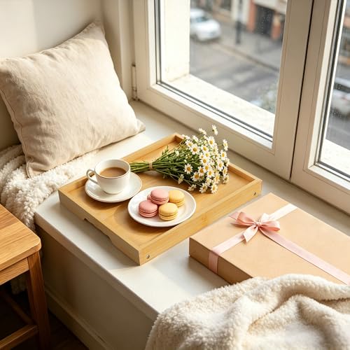 Breakfast Tray with Folding Legs Set of 2, Bamboo Bed Tray Table 15.7" Foldable TV Dinner Tray with Ergonomic Wave Handles for Bed Couch Sofa, Breakfast, Snacks, Coffee, Natural - color: Natural, size: Medium