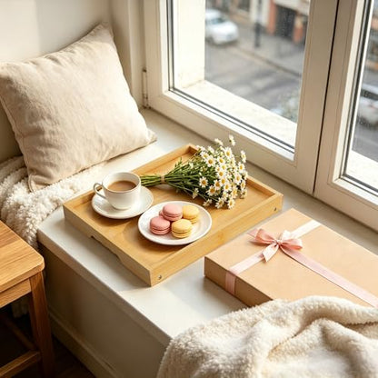 Breakfast Tray with Folding Legs Set of 2, Bamboo Bed Tray Table 15.7" Foldable TV Dinner Tray with Ergonomic Wave Handles for Bed Couch Sofa, Breakfast, Snacks, Coffee, Natural - color: Natural, size: Medium