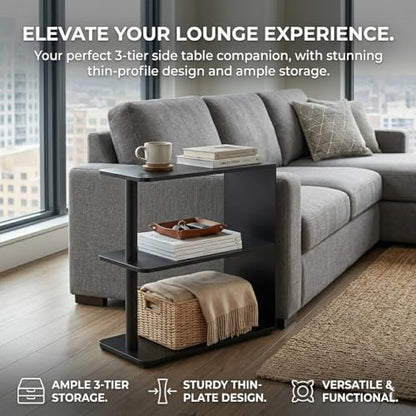 3-Tier Narrow End Table, Industrial Slim Side Table for Small Spaces, Sofa Couch Table Accent Nightstand with Storage Shelves for Living Room, Bedroom, 22.5" L x 10" W x 21.5" H, Black - color: Black