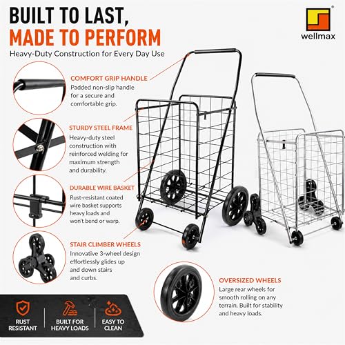Wellmax 2-Pack Shopping Utility Cart with Stair Climber, Collapsible Folding Cart for Grocery, X-Large and Large (Black and Silver) - size: Large-Medium
