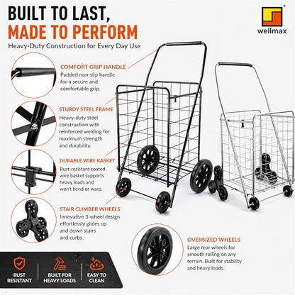 Wellmax 2-Pack Shopping Utility Cart with Stair Climber, Collapsible Folding Cart for Grocery, X-Large and Large (Black and Silver) - size: Large-Medium