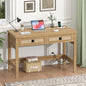 YOMILUVE Rattan Computer Desk with 2 Drawers, 39 Inch Small Desk with Power Outlets, Farmhouse Boho Vanity Desks, Compact Writing Study Table for Small Spaces, Oak - color: Oak