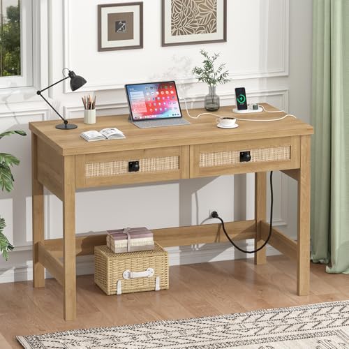 YOMILUVE Rattan Computer Desk with 2 Drawers, 39 Inch Small Desk with Power Outlets, Farmhouse Boho Vanity Desks, Compact Writing Study Table for Small Spaces, Oak - color: Oak