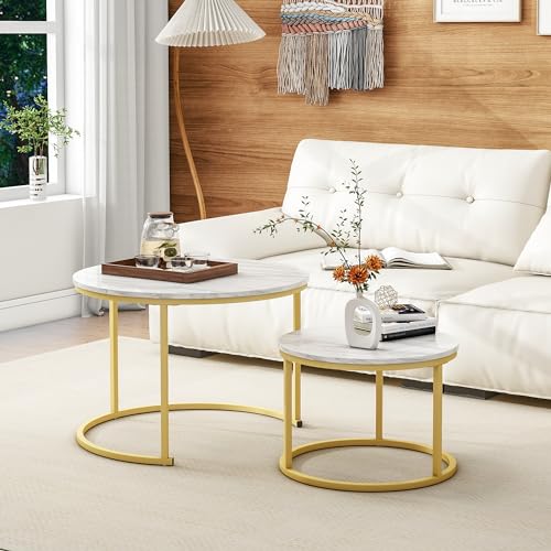 HOJINLINERO Round Coffee Table,Nesting Coffee Table Set of 2,Golden,Large | Center Table for Living Room,Bedroom,Office,Home Small Space,Stacking Side Tables,Sturdy and Easy Assembly,Wood Desktop - color: Gold/Yellow, size: Large