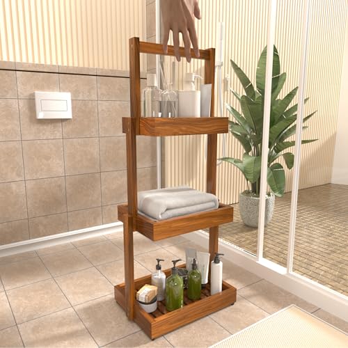 3-Tier Teak Shower Caddy, Bathroom Organizer with Towel Rack | Three-Tier Teak Organizer Keeps Toiletries, Towels and Toilet Paper within Reach, with a Stable Non-slip Base. - size: 3 Tier