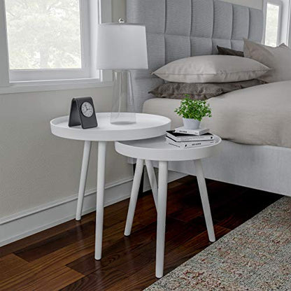 Nesting Side Tables - Set of 2 Round End Tables for Living Room, Bedroom, or Home Office - Accent Table Set with Tray Tops - Mid-Century Modern Living Room Furniture by Lavish Home (White)