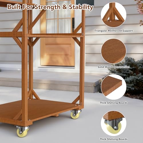Wooden Farm Stand Cart, Solid Wood Farmers Market Stand with Wood Roof, Heavy Duty Display Table with Lockable Wheels, for Events & Small Business, Light Brown