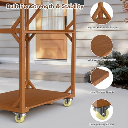 Wooden Farm Stand Cart, Solid Wood Farmers Market Stand with Wood Roof, Heavy Duty Display Table with Lockable Wheels, for Events & Small Business, Light Brown