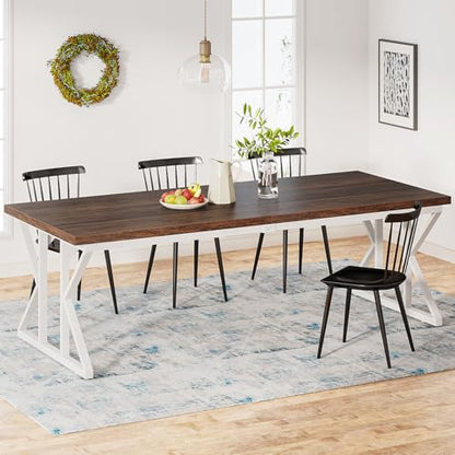 Tribesigns Farmhouse Dining Table for 6-8 People, 78.7-Inch Rectangular Wood Dining Table, Rustic Kitchen Table with Heavy Duty Metal Legs for Dining Room - color: Rustic Brown/White