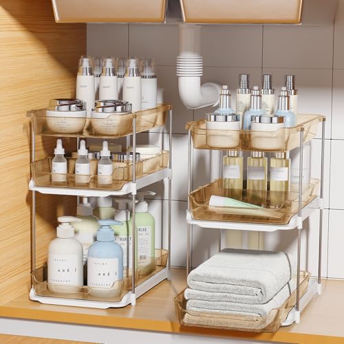 Delamu 2 Pack 3-Tier Bathroom Under Sink Organizers and Storage, Multi-Purpose Stackable Pantry Organization and Storage, Pull Out Clear Kitchen Bathroom Cabinet Organizer with Movable Dividers, Amber - color: Amber, size: 2 Pack 3-Tier