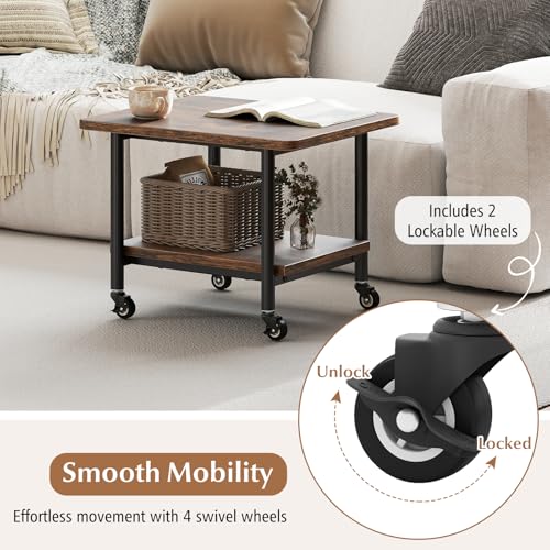 GOFLAME Under Desk Printer Stand, 2-Tier Industrial Mobile Printer Table with Storage Shelf, Metal Frame, Rolling Printer Cart Holder Storage Rack with Lockable Wheels for Home Office, Brown - color: Brown