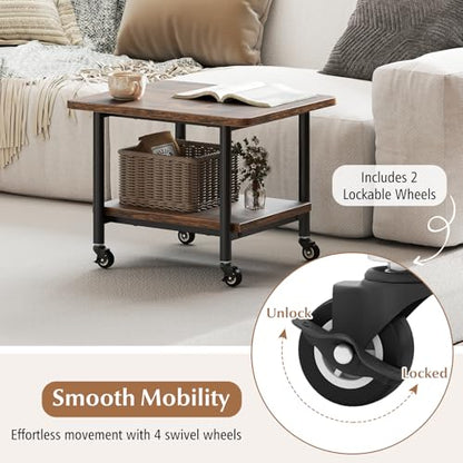 GOFLAME Under Desk Printer Stand, 2-Tier Industrial Mobile Printer Table with Storage Shelf, Metal Frame, Rolling Printer Cart Holder Storage Rack with Lockable Wheels for Home Office, Brown - color: Brown
