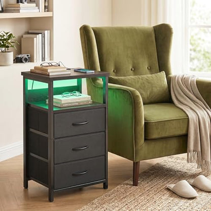 Fixwal Night Stand with 3 Fabric Storage Drawers, LED Nightstand with Charging Station, Bedside Table, Black - color: Black, size: 27.6"H (3 drawers), style: Power+Light (1pc)