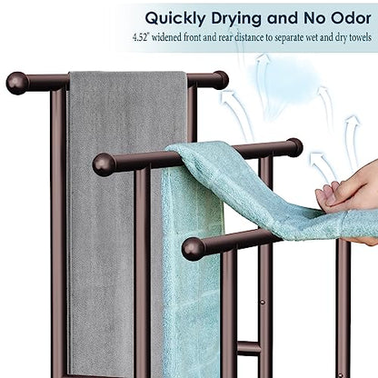 Kayfia 40'' Freestanding 3 Tier Alloy Steel Towel Rack with Storage Basket | Dual-Use Drying & Display Rack, Holds Oversized Bath Towels & Blankets, Fits Bathroom, Tub, Shower, Poolside, Bronze - color: Bronze