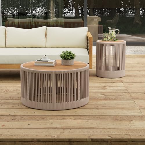 Christopher Knight Home Peyz Acacia Wood Outdoor Side Table Set of 2 with Woven Rope Design, Patio Round Coffee Table Set with Small Side Desk, Functionality Stylish 2 Tables for Garden, Teak + Beige