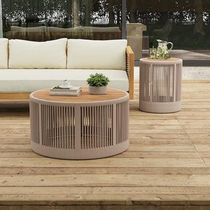 Christopher Knight Home Peyz Acacia Wood Outdoor Side Table Set of 2 with Woven Rope Design, Patio Round Coffee Table Set with Small Side Desk, Functionality Stylish 2 Tables for Garden, Teak + Beige