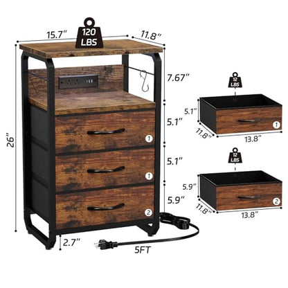 runjuly Night Stand with Charging Station, LED Nightstand with 3 Fabric Drawers and Hooks, Small End Table with Light and USB C Port, Storage Side Table for Bedroom, Rustic Brown - color: Rustic Brown, style: 3 Drawers