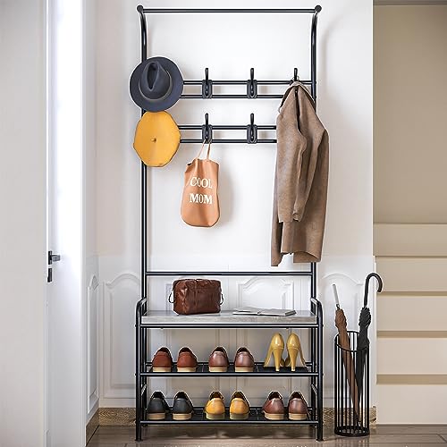 4-in-1 Hall Tree with Shoe Storage Bench, Narrow Entryway Coat Rack and Shoe Bench, Mudroom Shelves with 8 Hooks, Hanging Bar, Gray