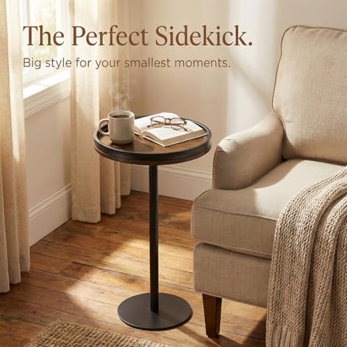 Small Round Side Table,Drink Table with Weighted Base,Industrial Metal & Wood Pedestal End Table with Tray Top, Martini Table for Small Spaces, Living Room, Next to Sofa,24.7" H - color: Rustic Brown