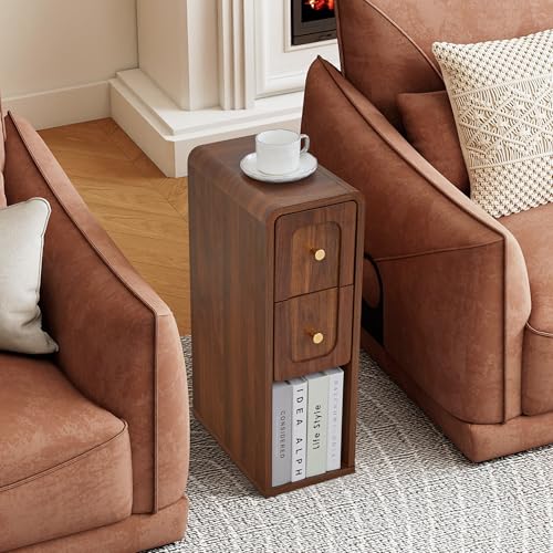 Narrow Nightstand with 2 Drawers, Small Bedside Tables, Mid-Century Modern Slim Night Stand with Storage, Wooden End Table for Small Spaces, Bedroom, Living Room (Walnut-1PCS) - color: 2drawers-walnut-1pcs