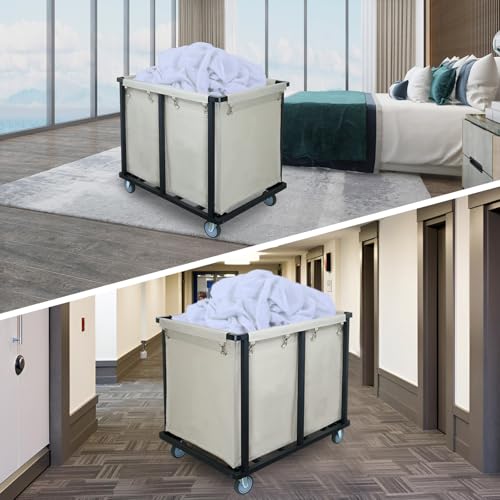 Commercial Laundry Cart with Wheels,400L Beige | 600 lbs Heavy Duty Laundry Cart,Steel Frame and Oxford Cloth Bag,Industrial Laundry Cart with Wheels,Housekeeping,Hotel - color: Beige