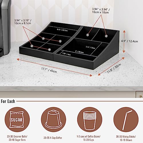 ANBOXIT Coffee Station Organizer for Countertop, Condiment Service Organizer, Coffee Bar Supplies Caddy for Home, Office and Breakroom - Wooden, Black, 9 Compartment, Two-in-One - size: Two-in-one (9 Compartment)