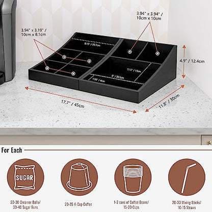ANBOXIT Coffee Station Organizer for Countertop, Condiment Service Organizer, Coffee Bar Supplies Caddy for Home, Office and Breakroom - Wooden, Black, 9 Compartment, Two-in-One - size: Two-in-one (9 Compartment)