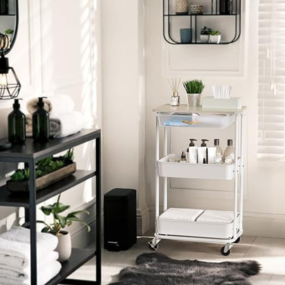 Simple Houseware 3-Tier Rolling Utility Cart with Drawer & Wood Tabletop - Mobile Sofa Side Table, Nightstand, Slim Storage Organizer Trolley for Bedroom, Bathroom, Office & Art Supplies, Maple - color: Maple