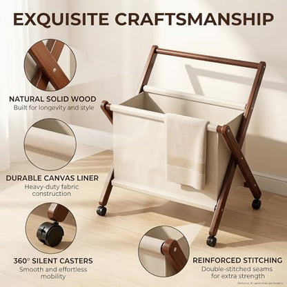 Foldable laundry cart with X-Frame – Small Bamboo wood laundry hamper | laundry basket on wheels Bathroom, RV, Dorm Collapsible Space Saving Clothes Hamper with Removable Cotton Liner